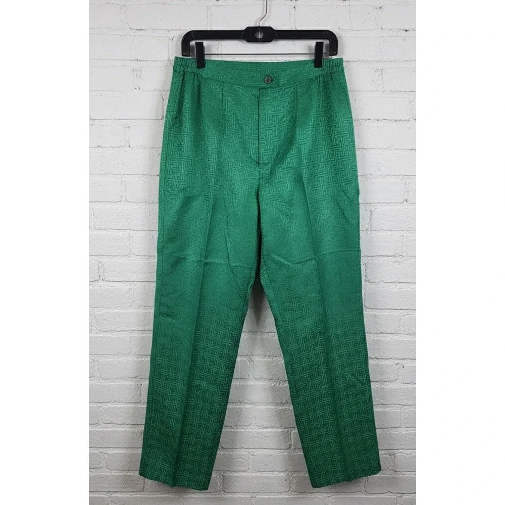 Vintage🔥YUE HWA 🈯️100% Silk Jacquard Pants Emerald Green Geometric Fretwork XL